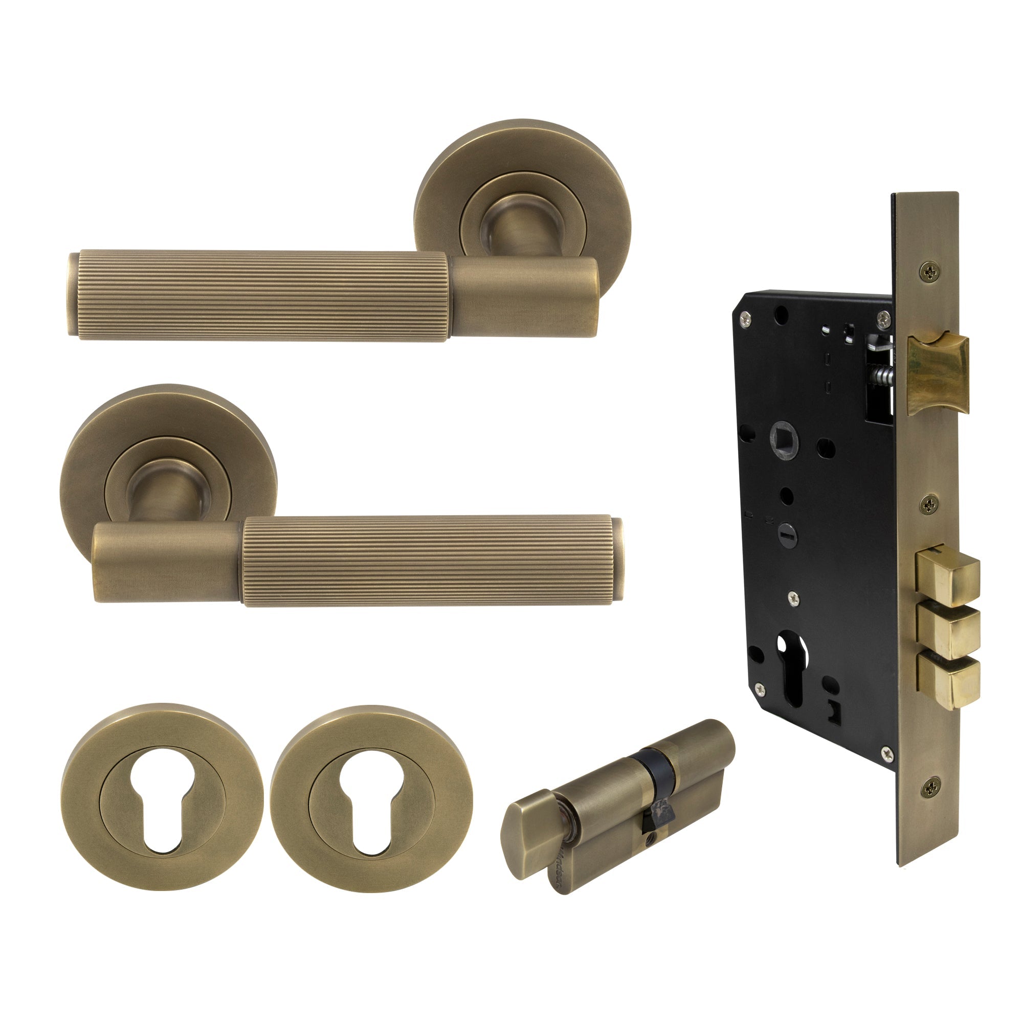 Verge Entrance Set - Linear Knurl - Roman Brass