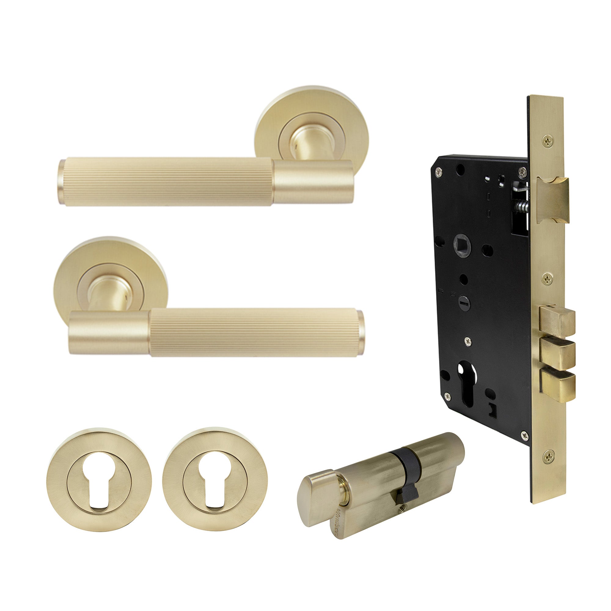 Verge Entrance Set - Linear Knurl - Unlacquered Satin Brass
