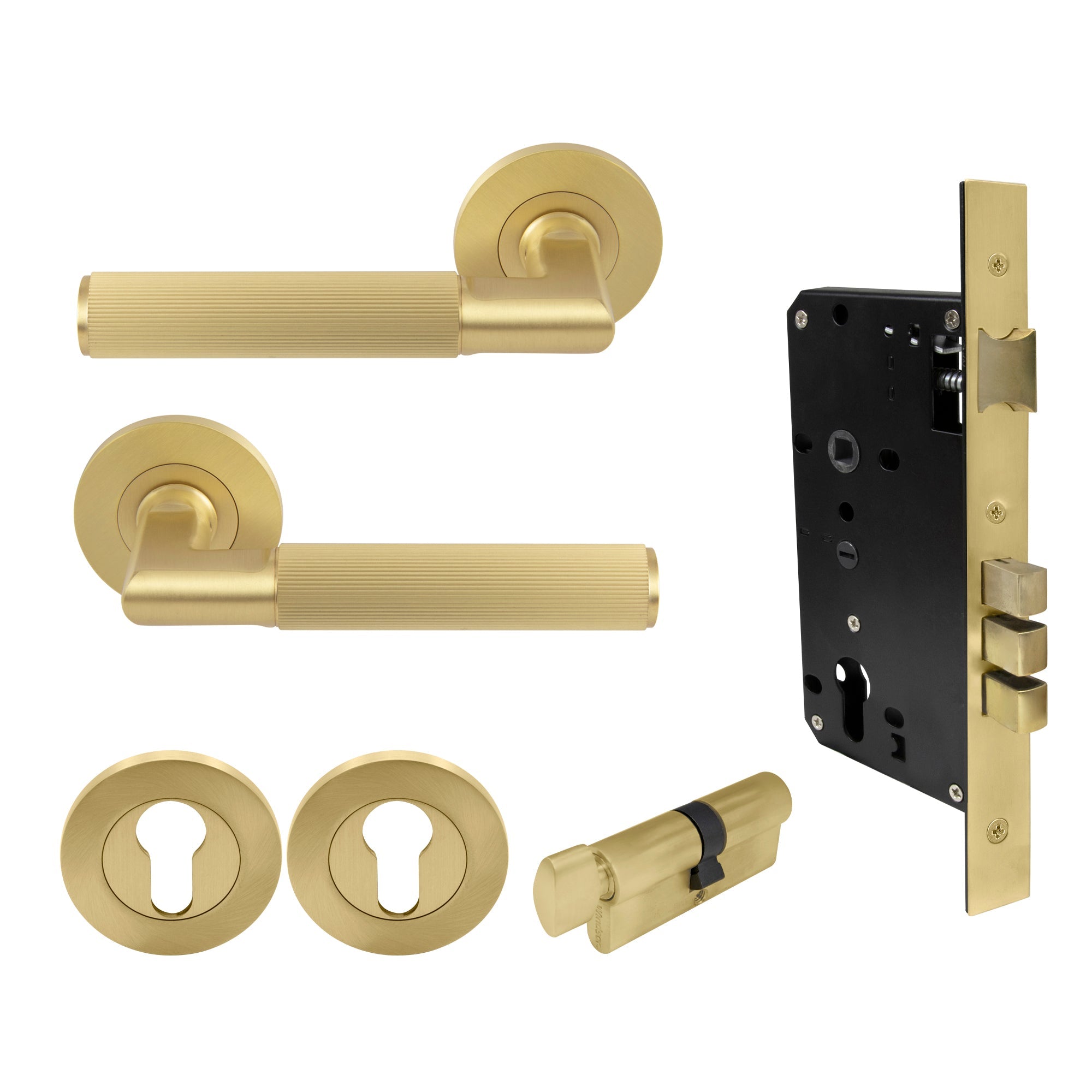 Lumina Entrance Set - Linear Knurl - Matt Satin Brass