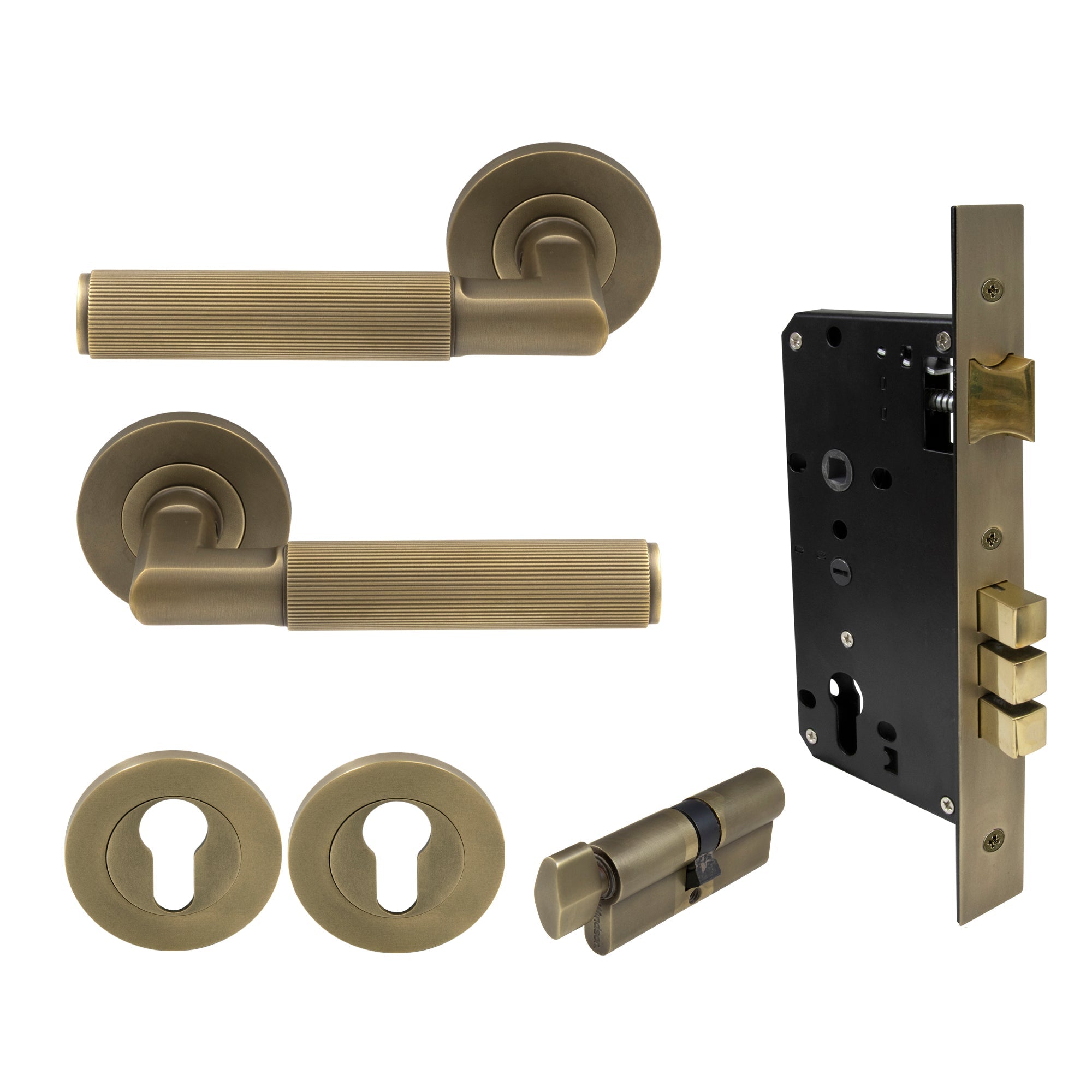 Lumina Entrance Set - Linear Knurl - Roman Brass