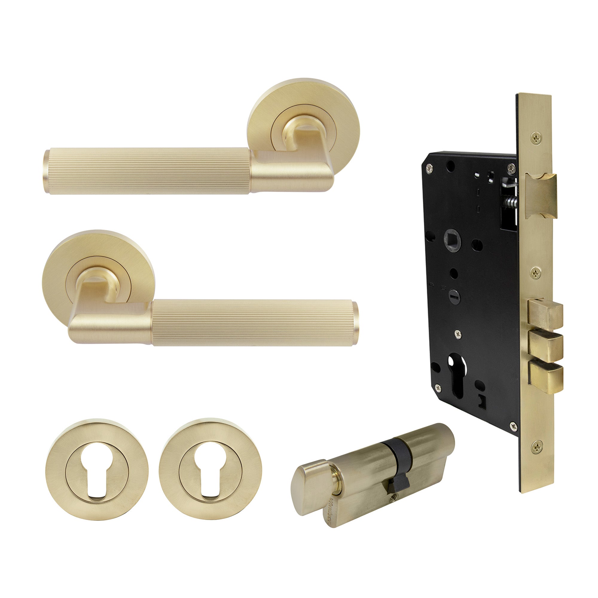Lumina Entrance Set - Linear Knurl - Unlacquered Satin Brass